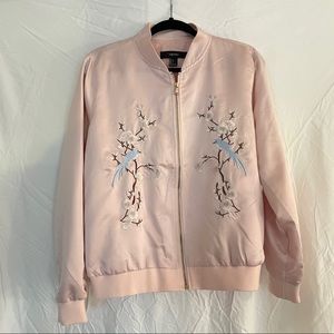 Pink embroidered silky bomber jacket